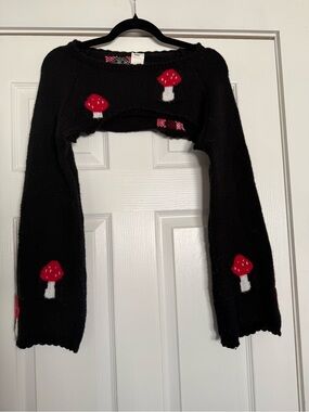 Black Cropped Shrug with Red Mushroom Motif